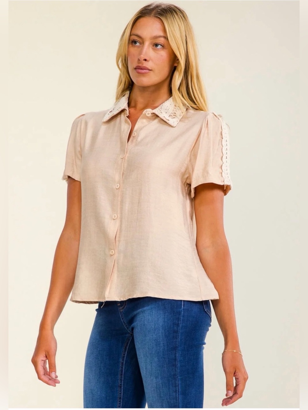 SHORT SLEEVE BUTTON UP CROCHET DETAILED BLOUSE - Picture 2 of 4